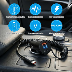 Chargeur Voiture USB C Rapide 100W avec Câble Spiralé 1,5 m, Allume Cigare 3 Ports avec USB-A etUSB-C PD, Prise Allume Cigare 12