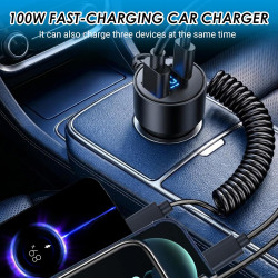 Chargeur Voiture USB C Rapide 100W avec Câble Spiralé 1,5 m, Allume Cigare 3 Ports avec USB-A etUSB-C PD, Prise Allume Cigare 12