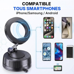Support Téléphone Voiture Magnétique et à Aspiration – Fixation Ultra Stable Anti-Chute – Compatible MagSafe iPhone, Samsung, An