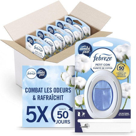 Febreze Petit Coin, Désodorisant WC En Continu (7.5ml x5), Parfum Pureté de Coton, Combat Les Odeurs, Fraîcheur Jusqu'à 50 Jours