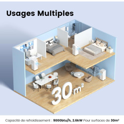 COMFEE' Climatiseur Mobile 9000 BTU/h 2,6kW, Contrôle APP, 3 Modes, 3 Vitesses de ventilation, Dimensions compactes, Pour pièces