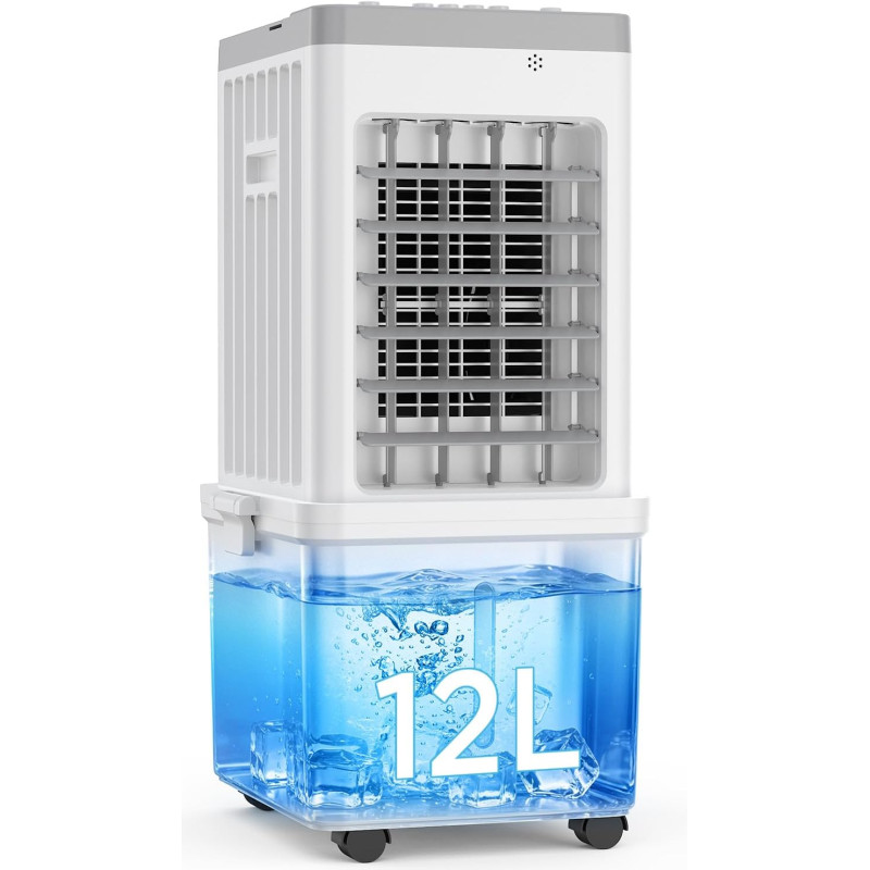 Climatiseur Mobile, Rafraîchisseur d’Air 3-en-1, Refroidisseur Évaporatif, Réservoir 12L, 3 Vitesses, Oscillation 60°, 35dB Sile