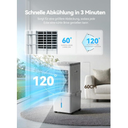 Climatiseur Mobile, Rafraîchisseur d’Air 3-en-1, Refroidisseur Évaporatif, Réservoir 12L, 3 Vitesses, Oscillation 60°, 35dB Sile