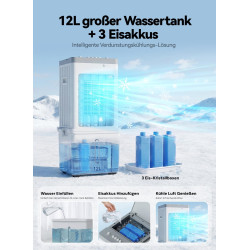 Climatiseur Mobile, Rafraîchisseur d’Air 3-en-1, Refroidisseur Évaporatif, Réservoir 12L, 3 Vitesses, Oscillation 60°, 35dB Sile