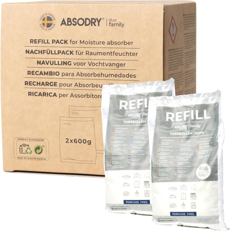 AbsoDry - Recharge déshumidificateur d'air Anti moisissure 2×600 g - Compatibilité Universelle - Empêche Les odeurs & retient l'