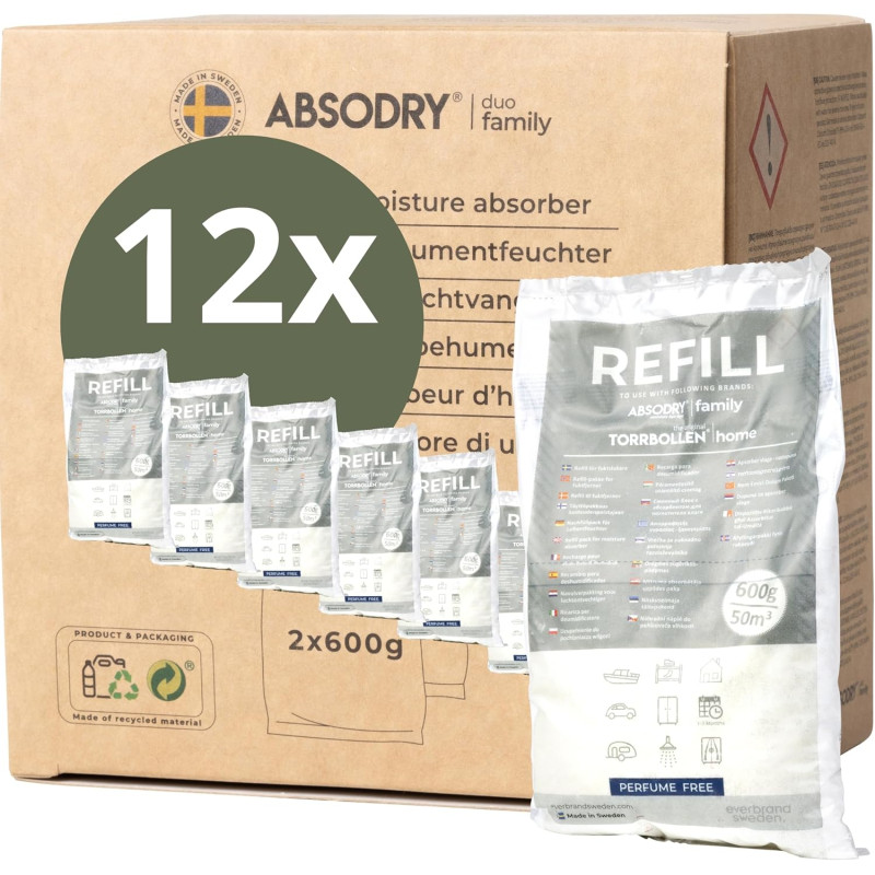 AbsoDry - Recharge déshumidificateur d'air Anti moisissure 12×600 g - Compatibilité Universelle - Empêche Les odeurs & retient l