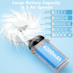 Mini ventilateur portable, rechargeable, petit ventilateur de poche avec 5 vitesses, batterie intégrée de 4200 mAh, ventilateur 