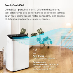 Bosch Cool 4000 Portable AC - 3 en 1 Climatiseur, Déshumidificateur, Ventilateur - 2,6 kW pour les pièces jusqu'à 35m² - Avec Mo