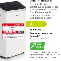 Bosch Cool 4000 Portable AC - 3 en 1 Climatiseur, Déshumidificateur, Ventilateur - 2,6 kW pour les pièces jusqu'à 35m² - Avec Mo