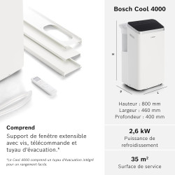 Bosch Cool 4000 Portable AC - 3 en 1 Climatiseur, Déshumidificateur, Ventilateur - 2,6 kW pour les pièces jusqu'à 35m² - Avec Mo
