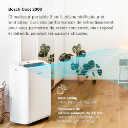 Bosch Cool 2000 Portable AC - 3 en 1 Climatiseur, Déshumidificateur, Ventilateur - 2,6 kW pour les pièces jusqu'à 35m² - Avec Mo