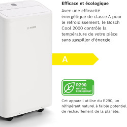 Bosch Cool 2000 Portable AC - 3 en 1 Climatiseur, Déshumidificateur, Ventilateur - 2,6 kW pour les pièces jusqu'à 35m² - Avec Mo