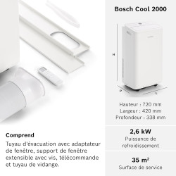 Bosch Cool 2000 Portable AC - 3 en 1 Climatiseur, Déshumidificateur, Ventilateur - 2,6 kW pour les pièces jusqu'à 35m² - Avec Mo