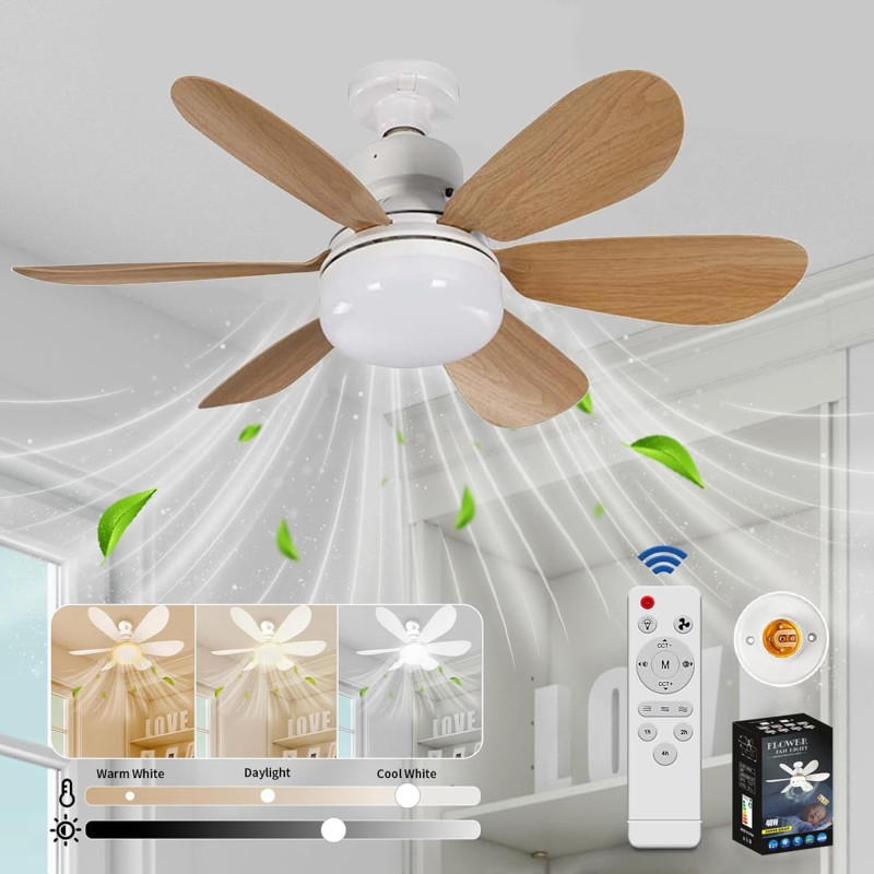 VHV Ventilateur de Plafond avec Lumière et Telecommande, LED Ventilateur Dimmable Plafonnier avec 40W E27 Lampe Intégrée, 6 Pale