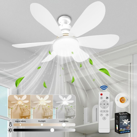 VHV Ventilateur de Plafond avec Lumière et Telecommande, LED Ventilateur Dimmable Plafonnier avec 40W E27 Lampe Intégrée, 6 Pale
