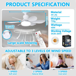 VHV Ventilateur de Plafond avec Lumière et Telecommande, LED Ventilateur Dimmable Plafonnier avec 40W E27 Lampe Intégrée, 6 Pale