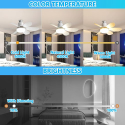 VHV Ventilateur de Plafond avec Lumière et Telecommande, LED Ventilateur Dimmable Plafonnier avec 40W E27 Lampe Intégrée, 6 Pale