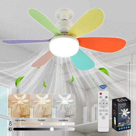 VHV Ventilateur de Plafond avec Lumière et Telecommande, LED Ventilateur Dimmable Plafonnier avec 40W E27 Lampe Intégrée, 6 Pale