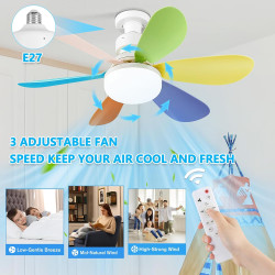 VHV Ventilateur de Plafond avec Lumière et Telecommande, LED Ventilateur Dimmable Plafonnier avec 40W E27 Lampe Intégrée, 6 Pale