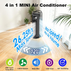 Climatiseur Mobile 4 en 1 Silencieux 28dB, Rafraîchisseur d’Air Mode Tempête, Oscillation 120°, 4 Vitesses Vent Naturel 3D Somme