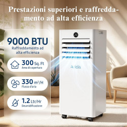 Climatiseur Mobile 9000 BTU - Kit d'Évacuation Fenêtre Inclus，Climatiseur Portable 4 en 1 Silencieux avec Télécommande, Minuteri