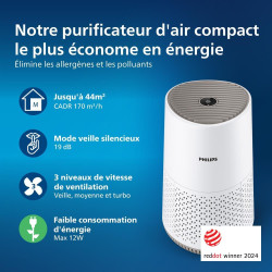 Philips Purificateur d'Air Séries 600, Ultra-silencieux et économe en énergie, éfficace contre allergies, Filtre HEPA élimine 99