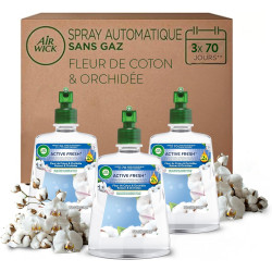 Air Wick Désodorisant Maison Spray Automatique Sans Gaz Active Fresh - 3 Recharges Parfum Fleur de coton + Orchidée - Les visuel