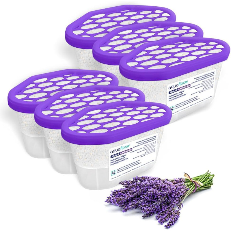 Aquafloow Déshumidificateur 400 ml, Réduit l'humidité de l'air, 6 Pièces LAVENDER | Neutraliseur d'odeurs, Absorbeur d'humidité 