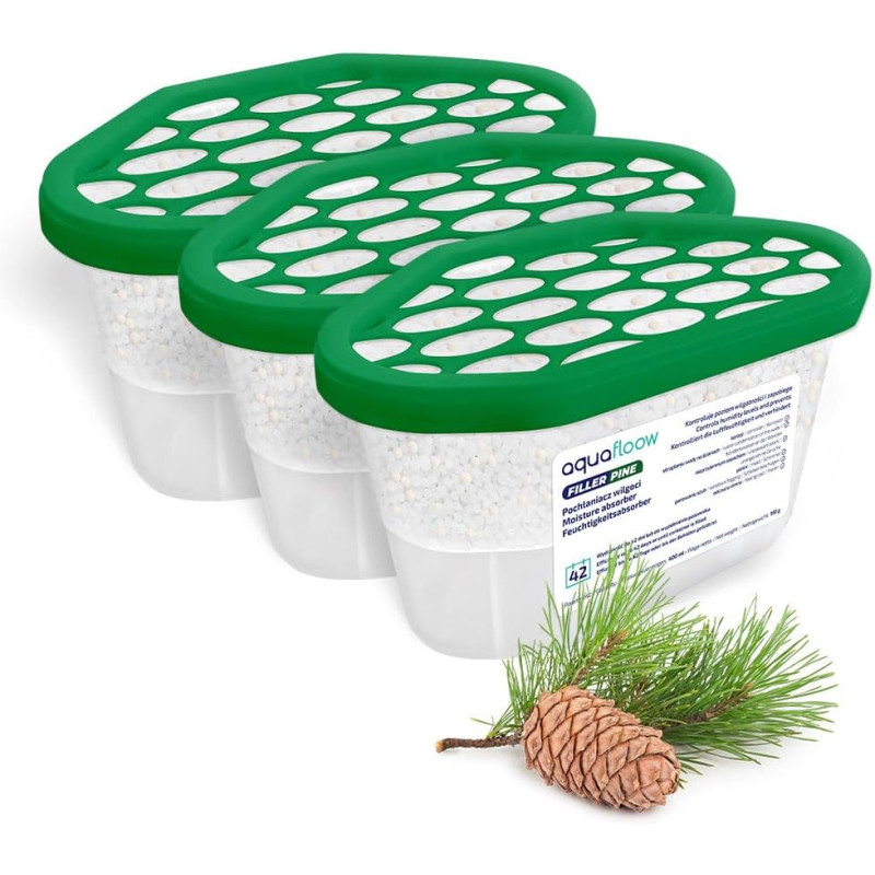 Aquafloow Déshumidificateur 400 ml, Réduit l'humidité de l'air, 3 Pièces PINE | Neutraliseur d'odeurs, Absorbeur d'humidité pour