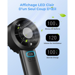 Ventilateur de Poche Portable Mini - 3000 mAh USB Rechargeable, Réglage Vitesse 1-120 avec Écran LED, Ventilateur Personnel Sile