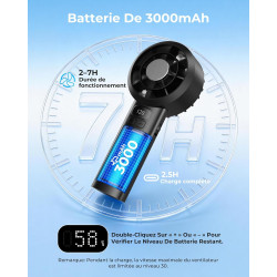 Ventilateur de Poche Portable Mini - 3000 mAh USB Rechargeable, Réglage Vitesse 1-120 avec Écran LED, Ventilateur Personnel Sile