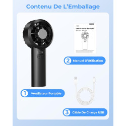 Ventilateur de Poche Portable Mini - 3000 mAh USB Rechargeable, Réglage Vitesse 1-120 avec Écran LED, Ventilateur Personnel Sile