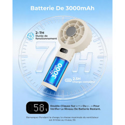 Ventilateur de Poche Portable Mini - 3000 mAh USB Rechargeable, Réglage Vitesse 1-120 avec Écran LED, Ventilateur Personnel Sile