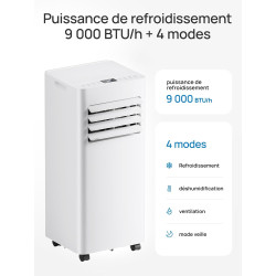 Climatiseur mobile 9000 BTU, 4 en 1 (refroidissement/déshumidification/ventilateur/mode veille), télécommande, écran LED, minute