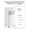 Climatiseur mobile 9000 BTU, 4 en 1 (refroidissement/déshumidification/ventilateur/mode veille), télécommande, écran LED, minute