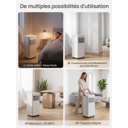 Climatiseur mobile 9000 BTU, 4 en 1 (refroidissement/déshumidification/ventilateur/mode veille), télécommande, écran LED, minute