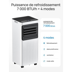 Climatiseur mobile 7000 BTU, 4 en 1 (refroidissement/déshumidification/ventilateur/mode veille), télécommande, écran LED, minute
