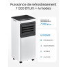 Climatiseur mobile 7000 BTU, 4 en 1 (refroidissement/déshumidification/ventilateur/mode veille), télécommande, écran LED, minute