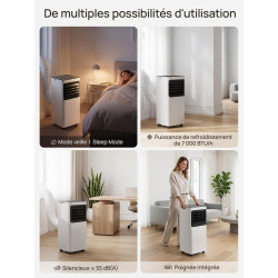 Climatiseur mobile 7000 BTU, 4 en 1 (refroidissement/déshumidification/ventilateur/mode veille), télécommande, écran LED, minute