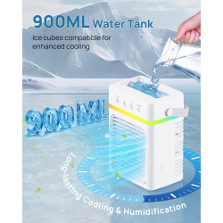 Climatiseur Mobile avec Réservoir 900ML, Refroidisseur d'Air 3 Niveaux & 2 Brumisation, Mini Climatiseur Portable, Minuterie Pro