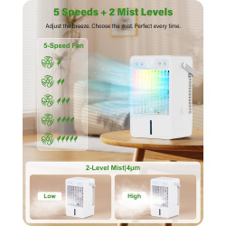 Climatiseur Mobile Silencieux - Refroidisseur d'Air USB avec 5 Intensités & 3 Modes, Climatiseur Portable Réservoir de 1500ML, T