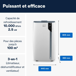 De'Longhi Pinguino PAC EX105 Climatiseur mobile avec technologie EcoRealFeel 10 000 BTU/h, pour pièces jusqu'à 100 m³, fonction 
