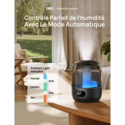 Dreo 3L Humidificateur Bébé Silencieux 26dB avec Capteur d’Humidité, Brume Fraîche Ultrasonique, Buse 360°, 30H Autonomie, Diffu
