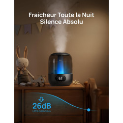 Dreo 3L Humidificateur Bébé Silencieux 26dB avec Capteur d’Humidité, Brume Fraîche Ultrasonique, Buse 360°, 30H Autonomie, Diffu