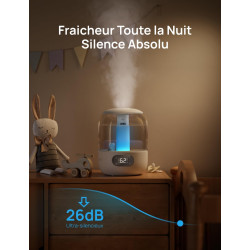 Dreo 3L Humidificateur Bébé Silencieux 26dB avec Capteur d’Humidité, Brume Fraîche Ultrasonique, Buse 360°, 30H Autonomie, Diffu