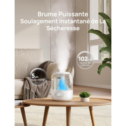 Dreo 3L Humidificateur Bébé Silencieux 26dB avec Capteur d’Humidité, Brume Fraîche Ultrasonique, Buse 360°, 30H Autonomie, Diffu