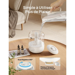 Dreo 3L Humidificateur Bébé Silencieux 26dB avec Capteur d’Humidité, Brume Fraîche Ultrasonique, Buse 360°, 30H Autonomie, Diffu