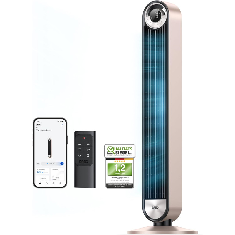 DREO 25 dB Ventilateur de tour silencieux Smart, 106cm de hauteur 4 modes 9-vitesse Max 7,9m/s 12H Timer Ventilateur oscillant à