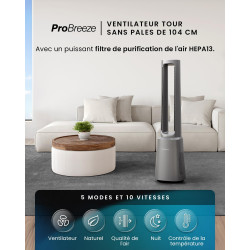 Modèle tour sans lame Pro Breeze OmniAir – Silencieux avec télécommande, filtre HEPA, écran LED, 10 niveaux – Purificateur d'air