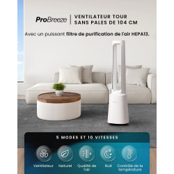 Pro Breeze OmniAir Ventilateur Colonne Purificateur d'Air, Ventilateur Sans Pale 105cm Silencieux, Tour avec Filtre HEPA, Téléco